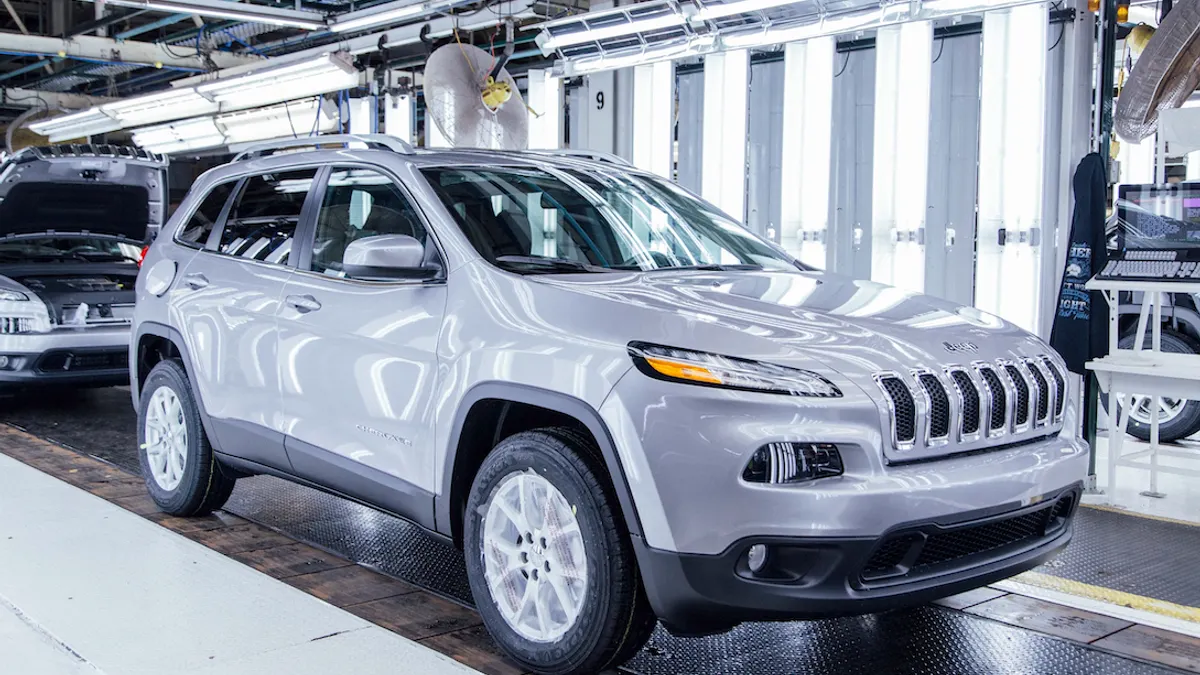 A fifth-generation silver Jeep Cherokee SUV on the inspection line at Stellantis' Belvidere assembly plant in Illinois.
