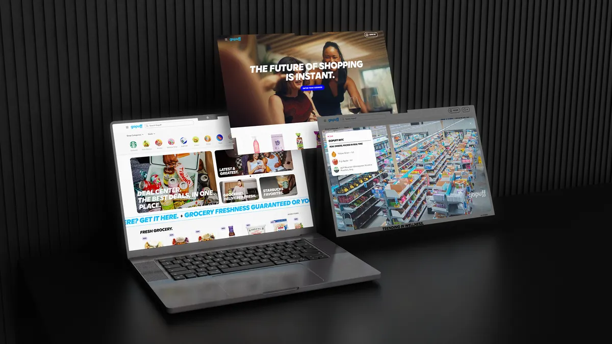 Three electronic devices featuring Gopuff's updated website.