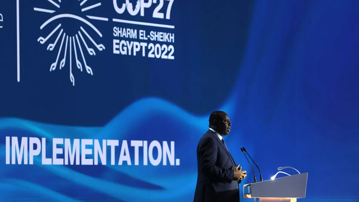 Macky Sall, Chairperson of the African Union, speaks during the Sharm El-Sheikh Climate Implementation Summit of the UNFCCC COP27 climate conference.