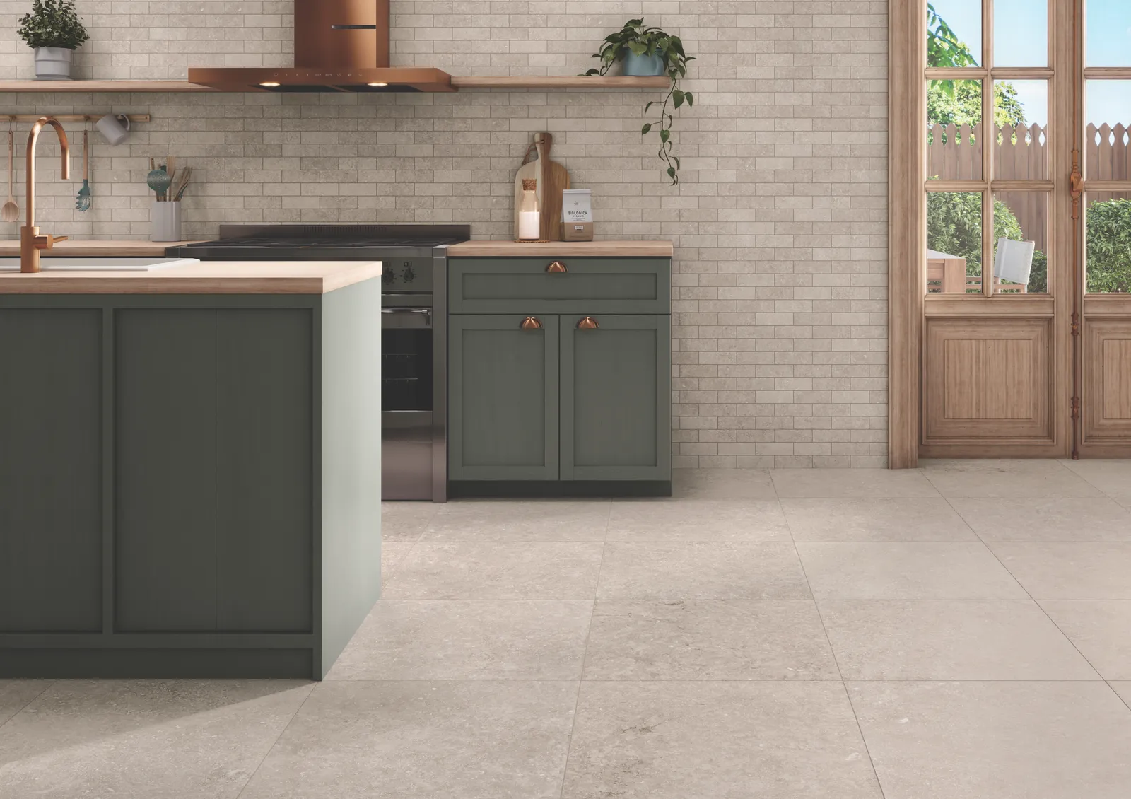 A kitchen with tile flooring.