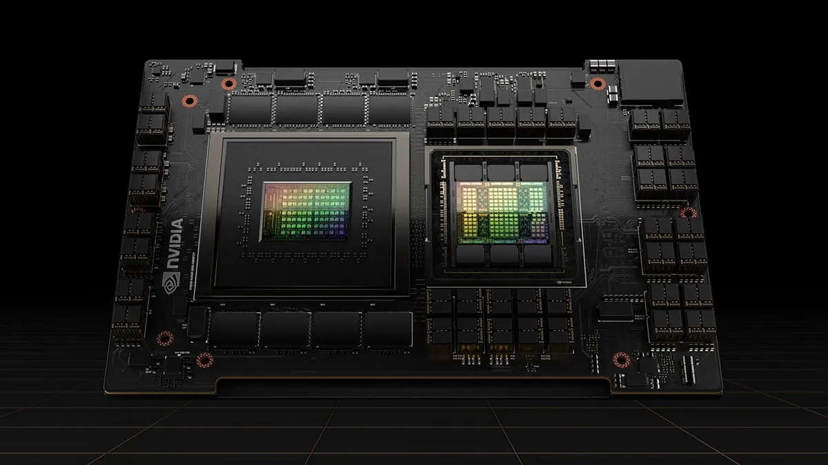 A picture of a Nvidia H100 tensor core graphic processing unit.