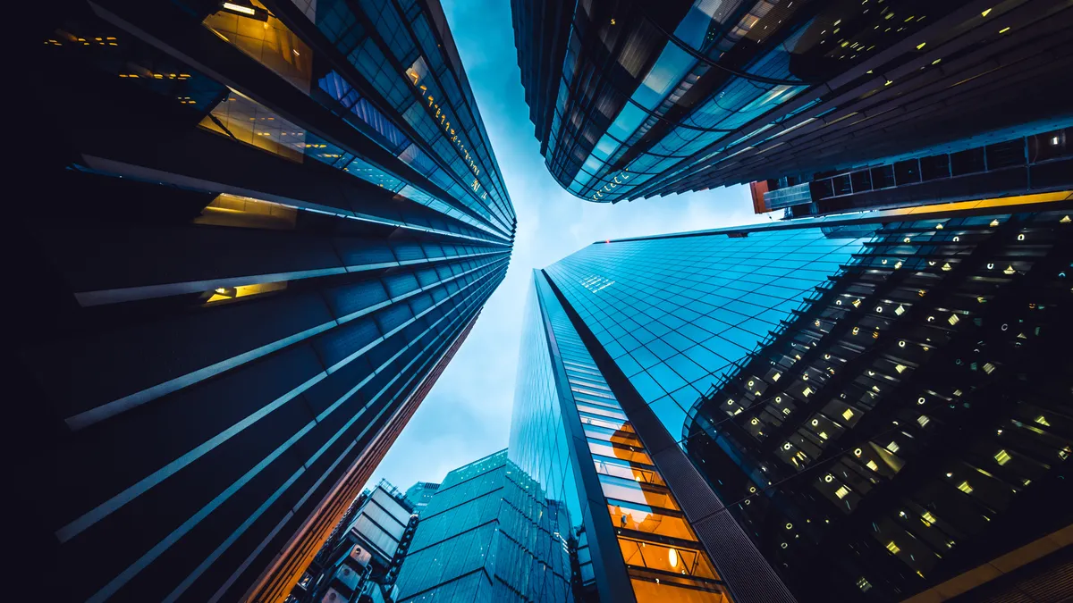 Skyline through tall buildings