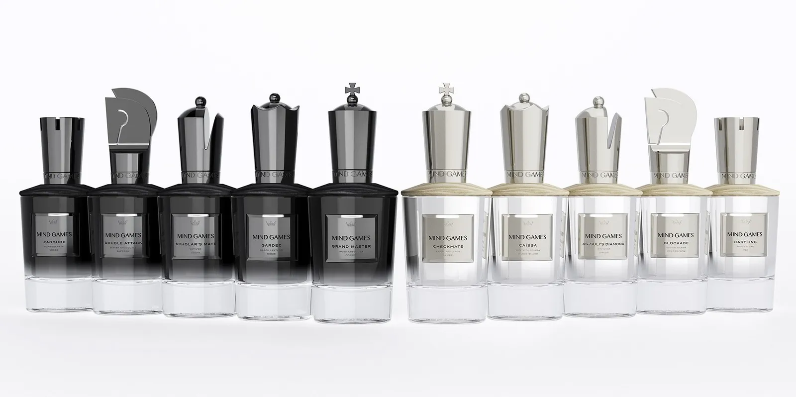 A series of fragrance bottles designed to look like chess pieces.