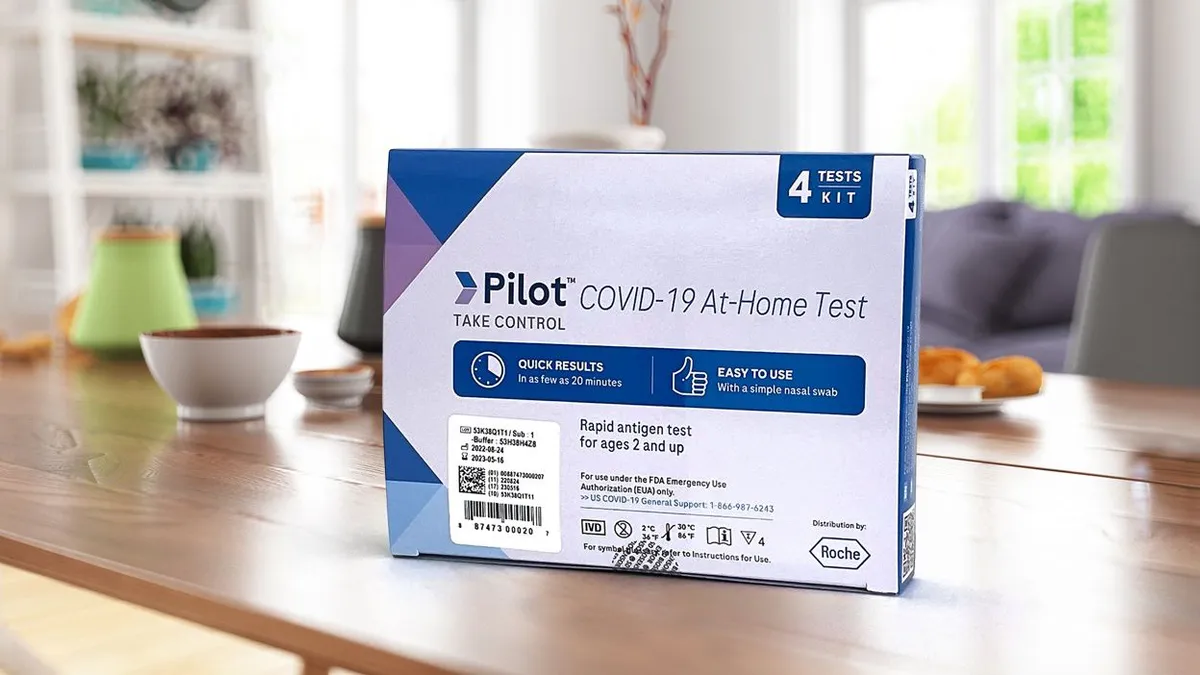 A package of Roche's at-home COVID-19 test, called Pilot.