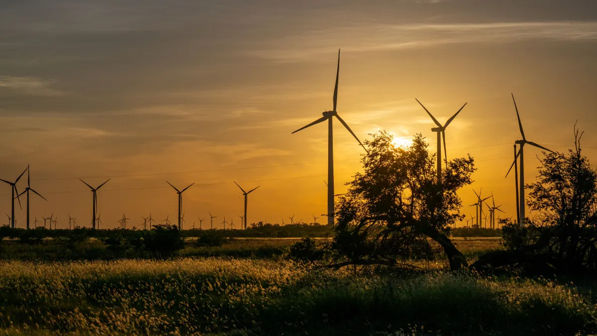 Wind turbines in a field at sunrise