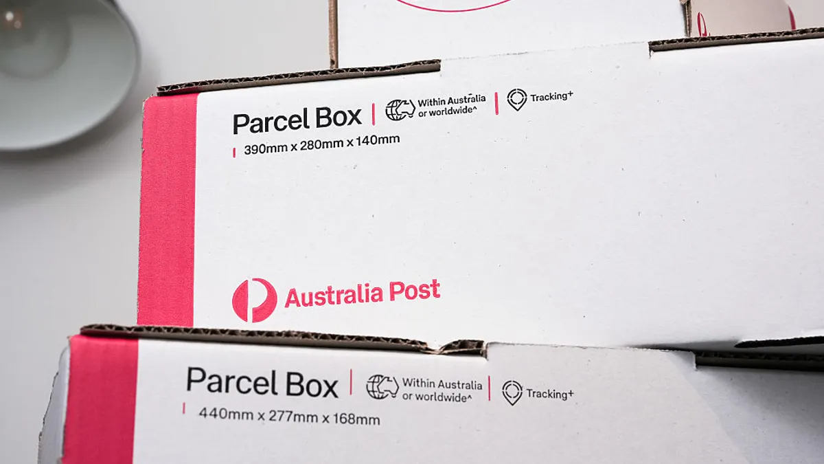 A photo illustration of Australia Post parcel boxes on August 27, 2025 in Melbourne, Australia.