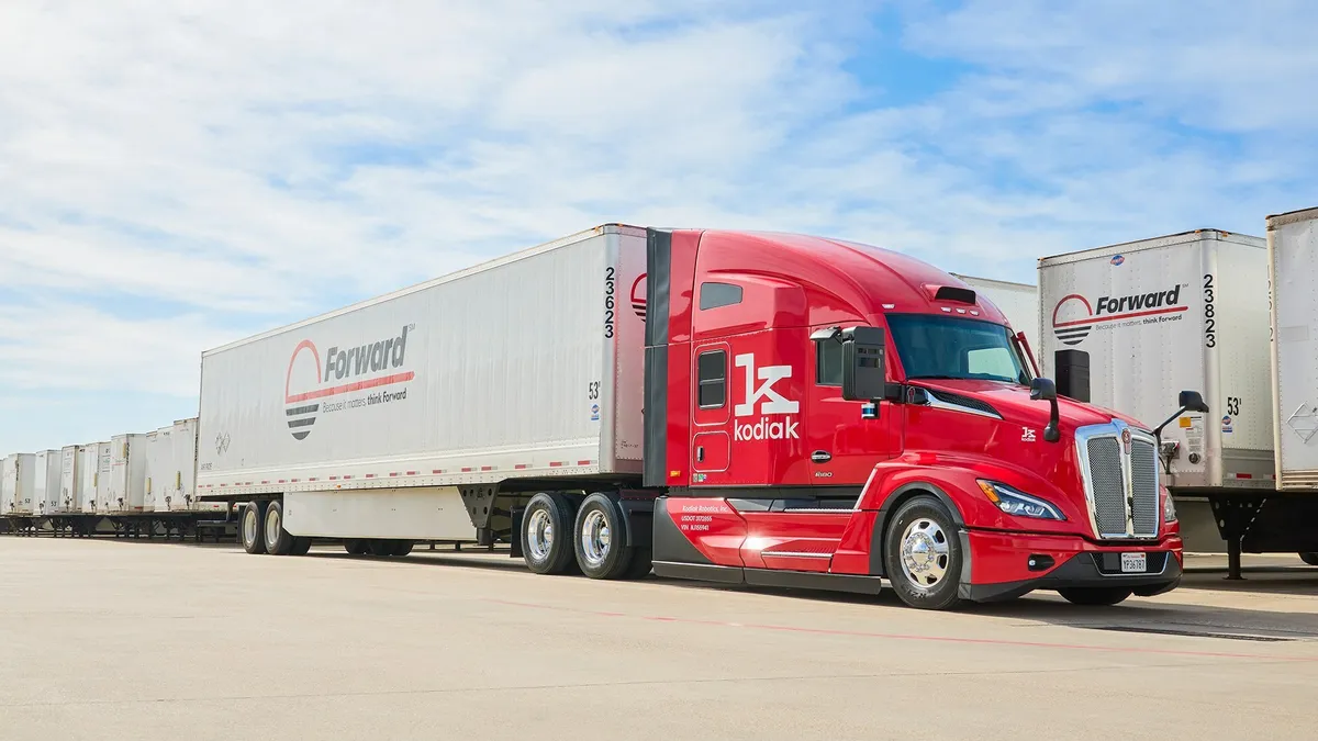 A Kodiak Robotics truck is linked to a Forward Air trailer.