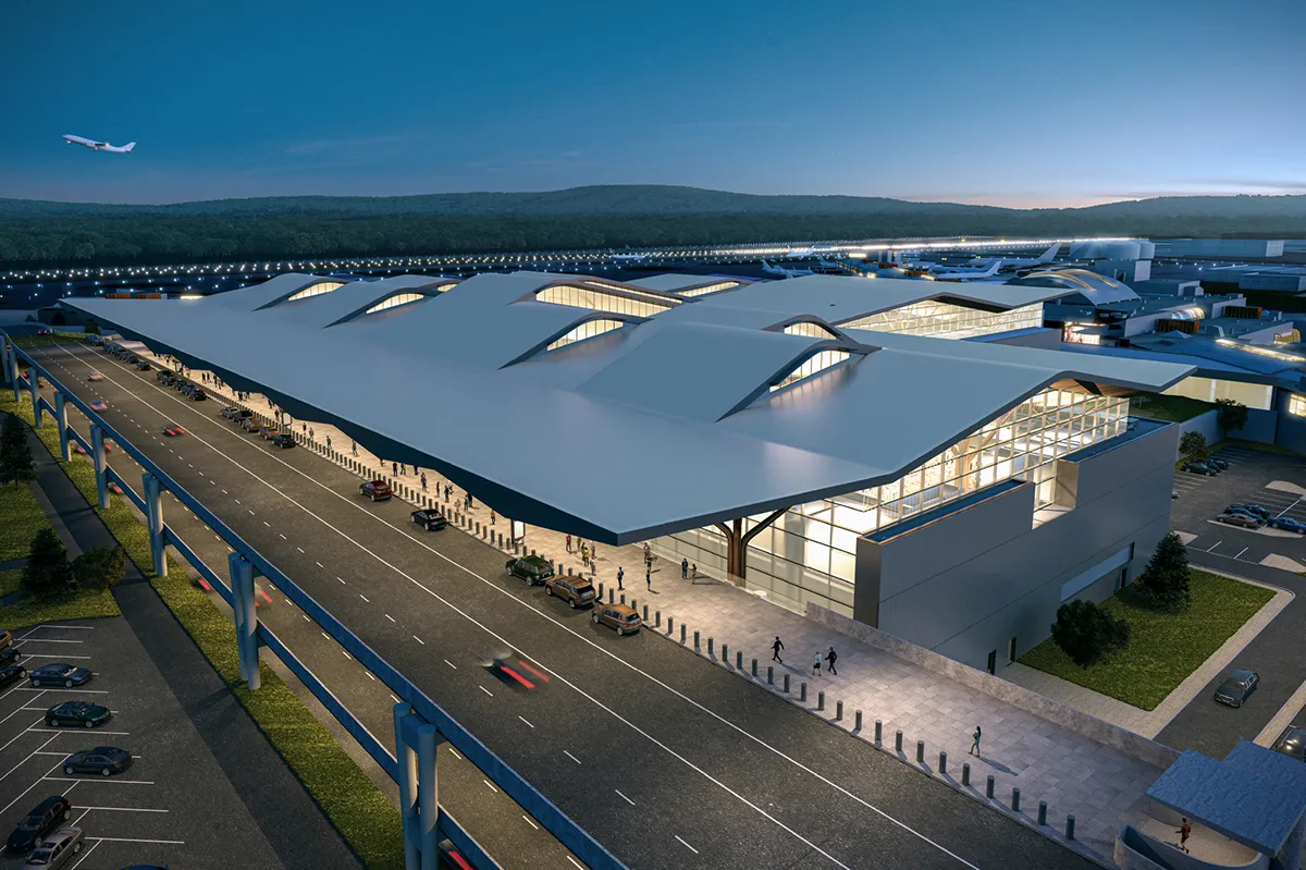 Aerial view of improvements at Pittsburgh International Airport.