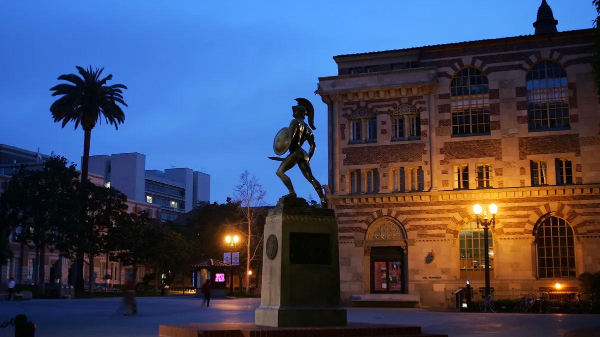 A statue of the University of Southern California school mascot, the Trojan, stands on the campus in Los Angeles, California.