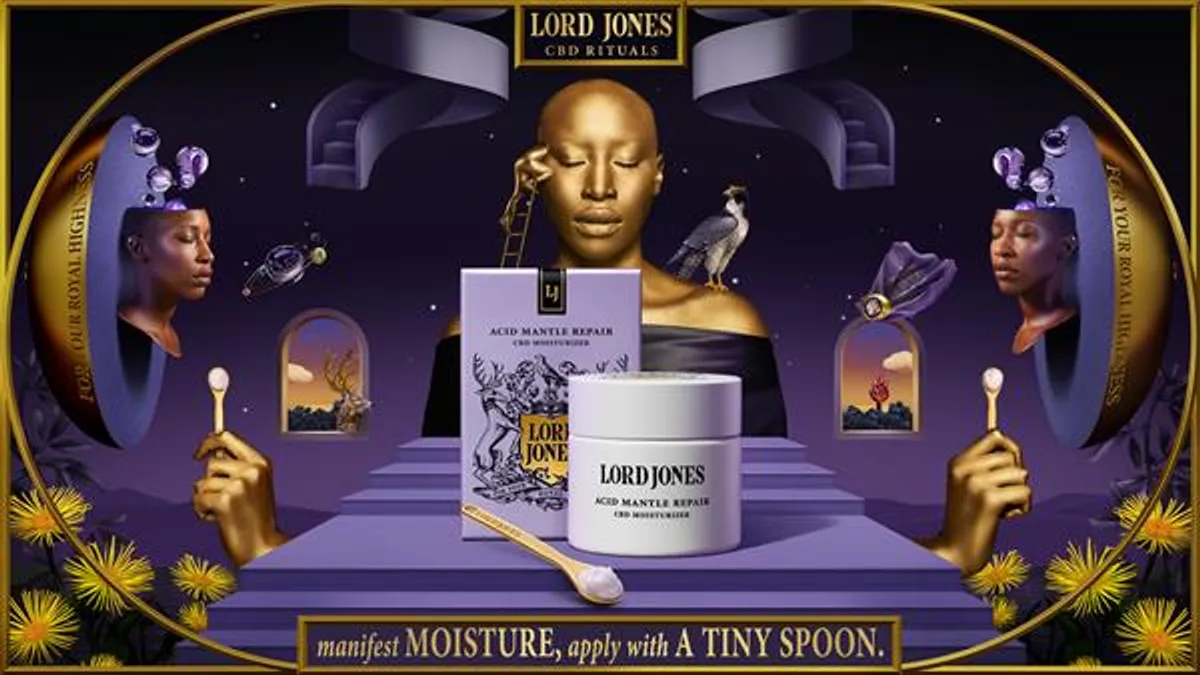 A gold and purple illustration showcasing a Lord Jones white moisturizer jar