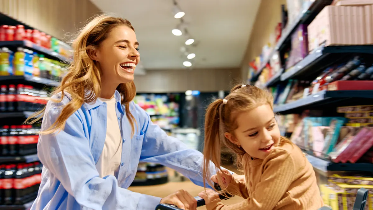 A smiling woman pushes a shopping cart with a young girl sitting inside while shopping in a brightly lit grocery store aisle.