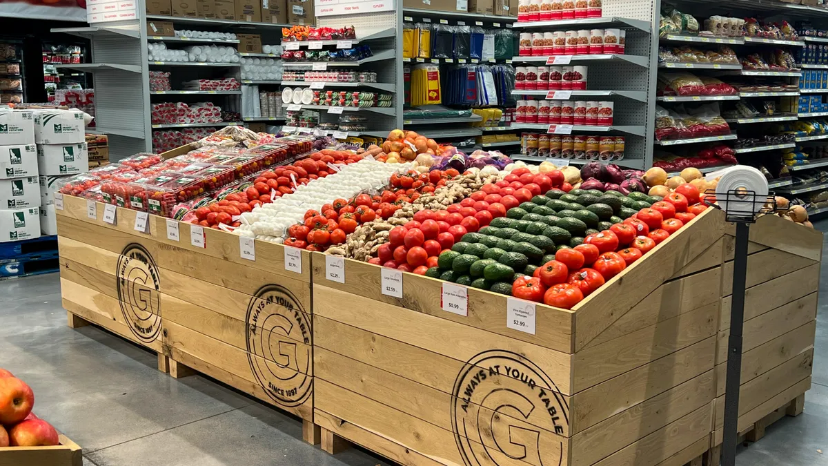 Produce stands inside a Gordon Food Service store