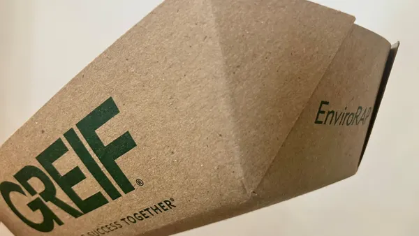 A paperboard food service boat bearing the Greif logo on the side and the "Envirorap" product name on the end