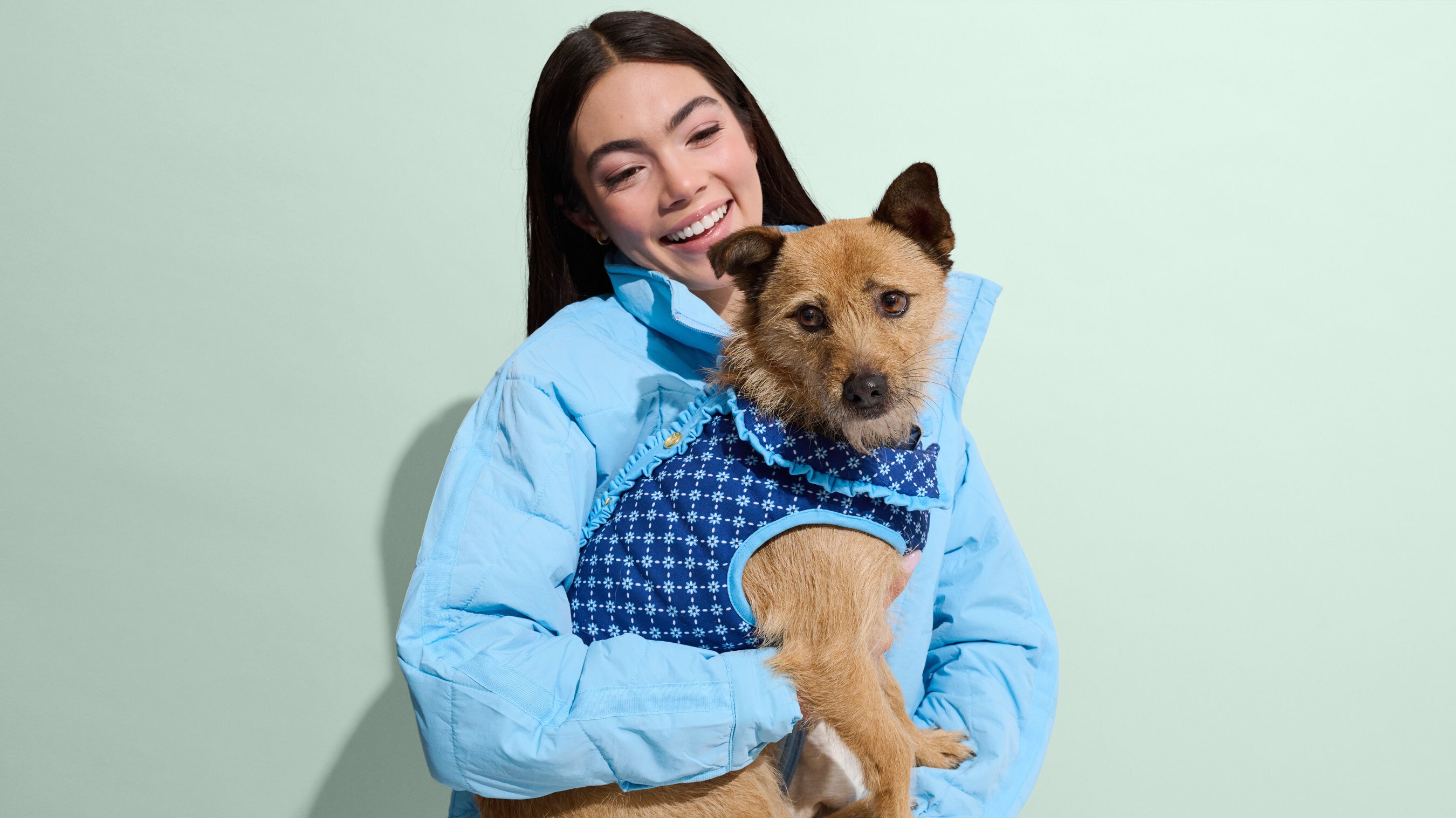 A model holding a dog wearing Draper James for Petco