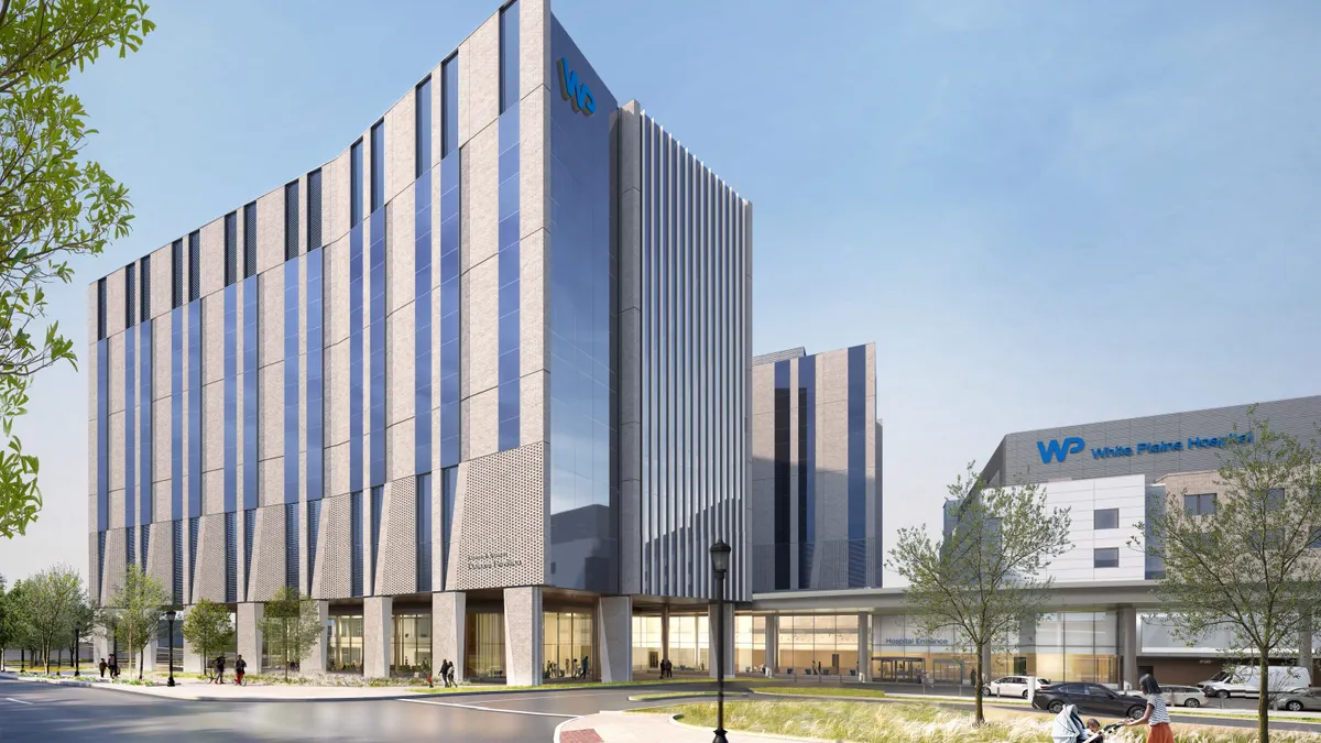 A rendering of a tall, white building decked with windows on a sunny day.