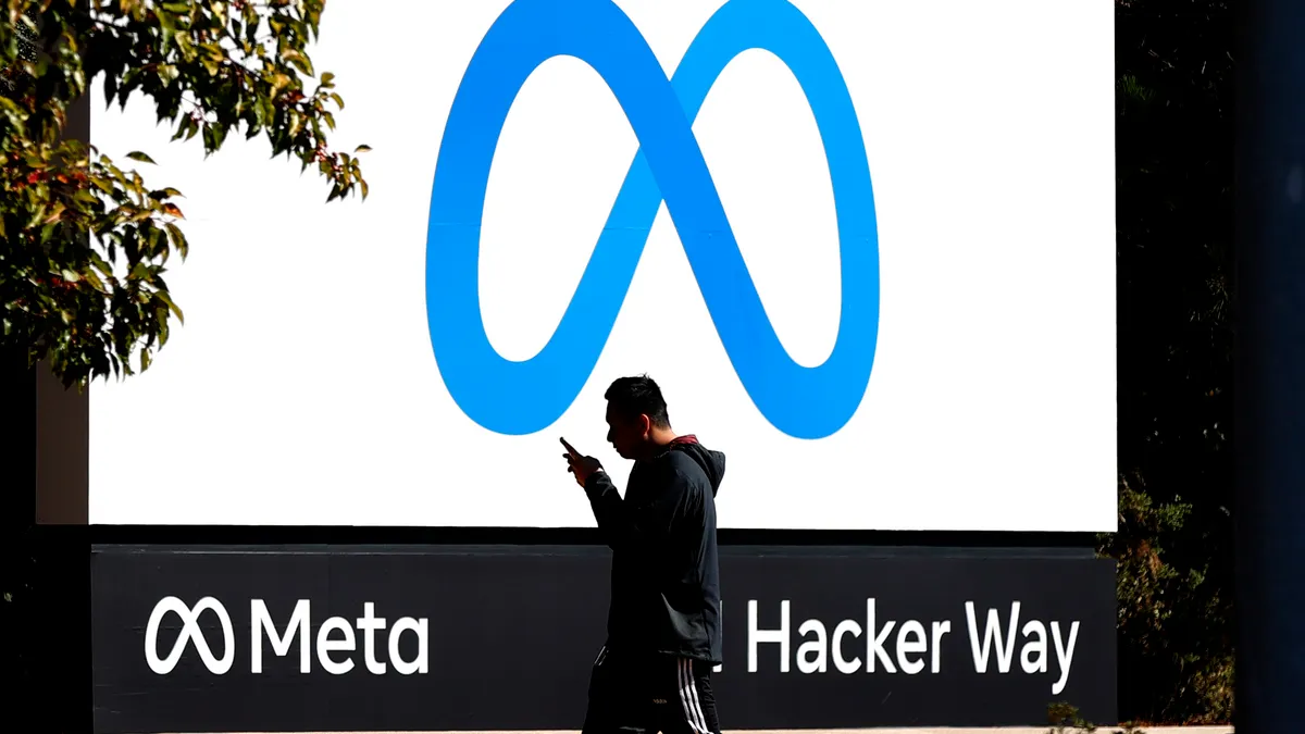 Meta's new corporate logo outside its headquarters building at 1 Hacker Way.