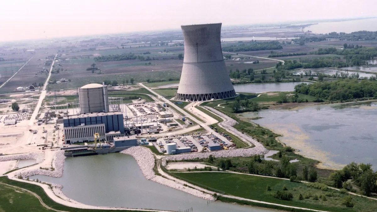 A nuclear power plant near a waterway.