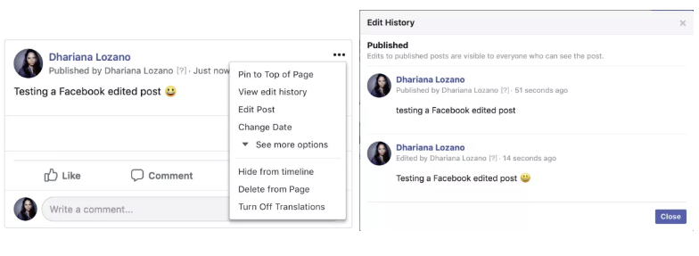 Facebook post editing