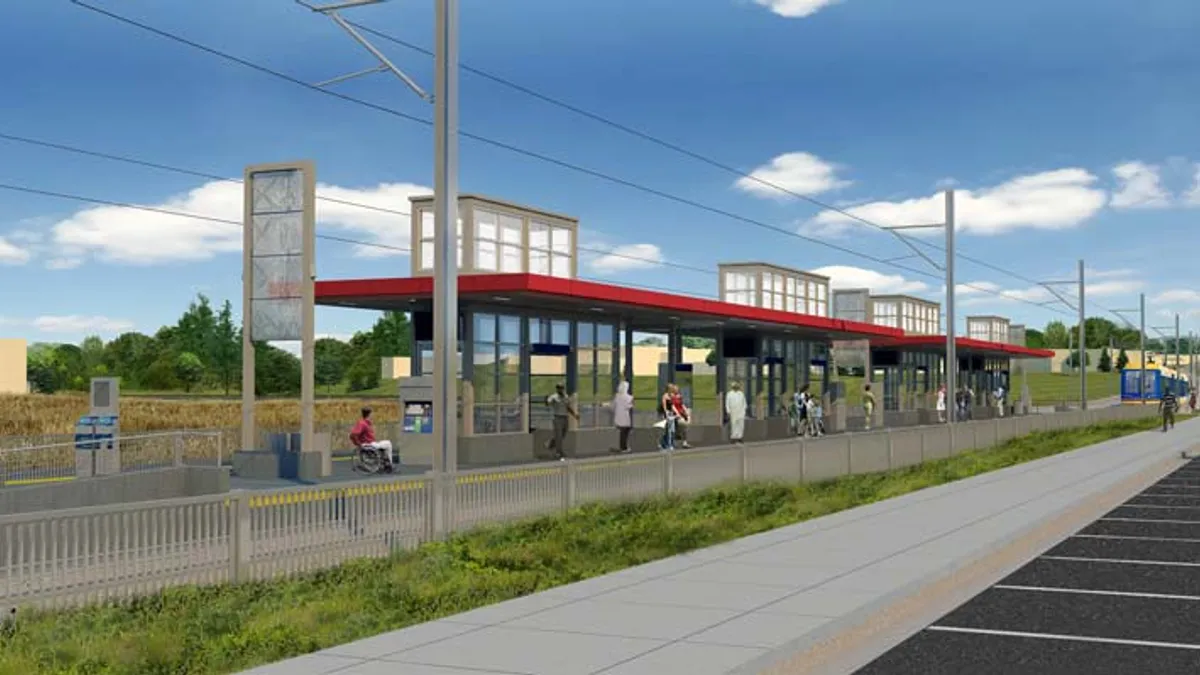 Rendering of a grey metro station with a red roof against a blue sky.