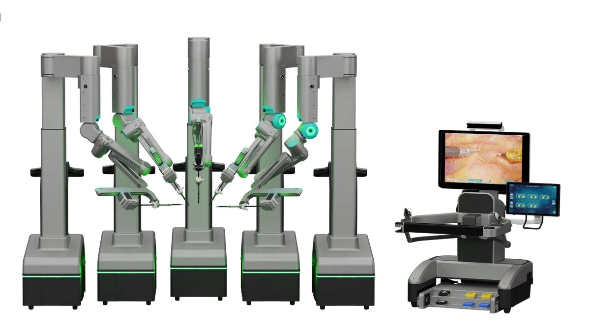 The robotic arms and surgeon's console of SS Innovations' SSi Mantra 3 system are pictured.