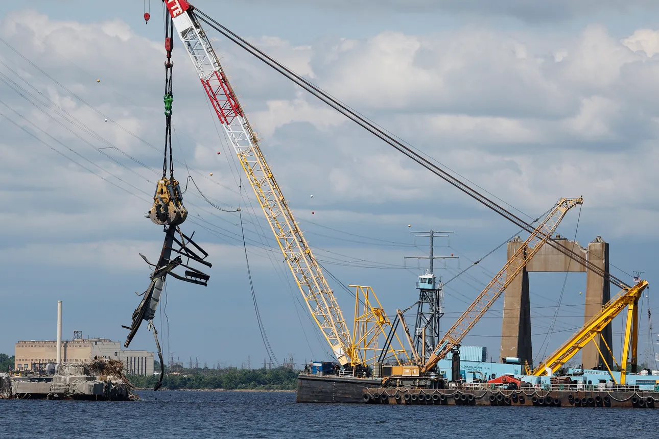 Salvage crews continue to clean up wreckage from the collapse of the Francis Scott Key Bridge in the Patapsco River on June 11, 2024 in Baltimore, Maryland.