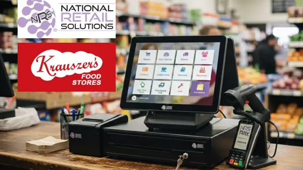 An image of a point of sale kiosk with two logos to the left of it that say Krauszer's and NRS
