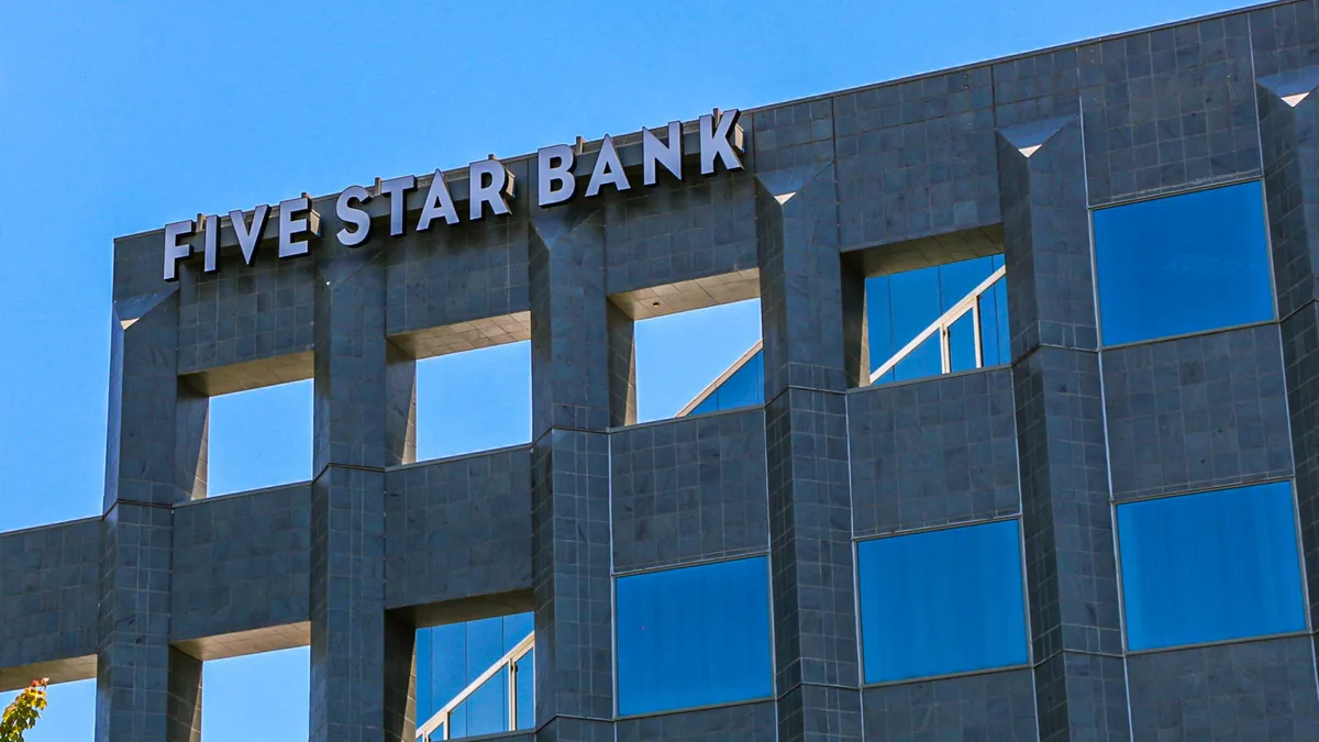 The exterior of Five Star Bank's Rancho Cordova office building is shown, with "Five Star Bank" in white letters at the top left of the building exterior.