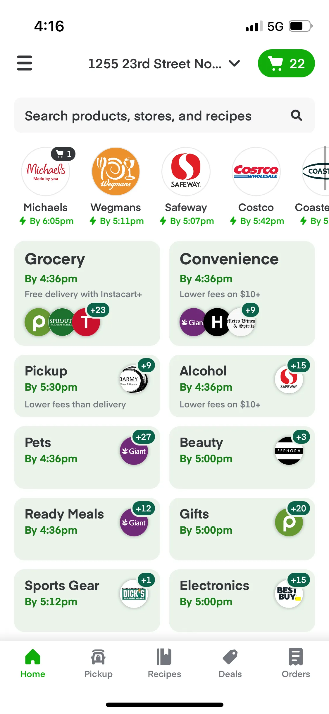 A screenshot of use-case shopping options, such as grocery, convenience and pets, listed on the home feed of the Instacart App.