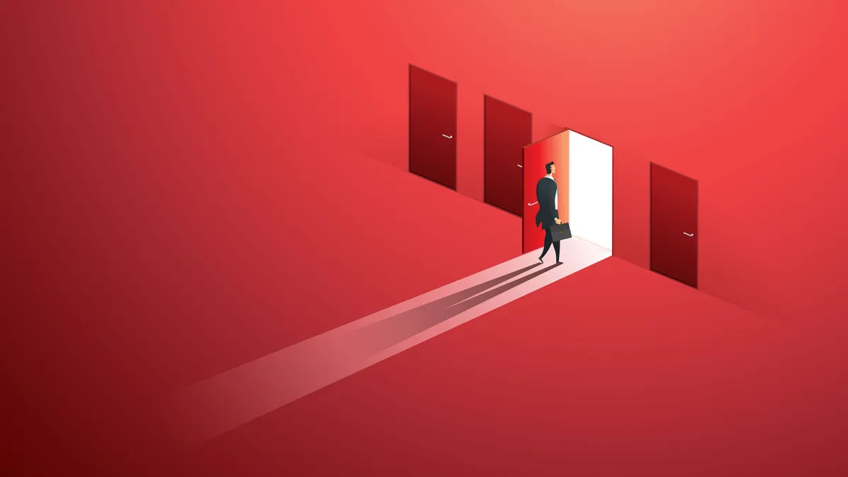 Businessman walking open door of choice path to goal success on wall red
