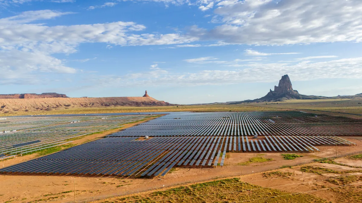 A huge solar power facility in the desert seen from above