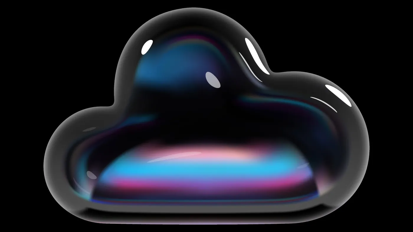 A holographic image of a glass cloud with an object resembling a laptop inside set against a black backdrop.