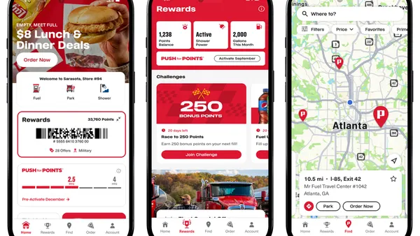 An image showing 3 screenshots from a mobile app side by side. One starts with "Empty, meet full. $8 lunch and dinner deals," another says "Rewards" and has boxes showing points earned, gallons of fuel bought and ways to earn more points. The final one shows a map of Atlanta.