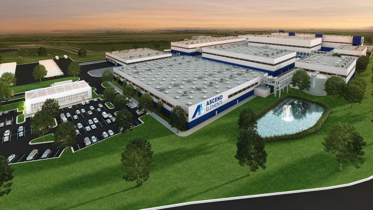 A rendering shows a planned Ascend Elements EV battery recycling plant.