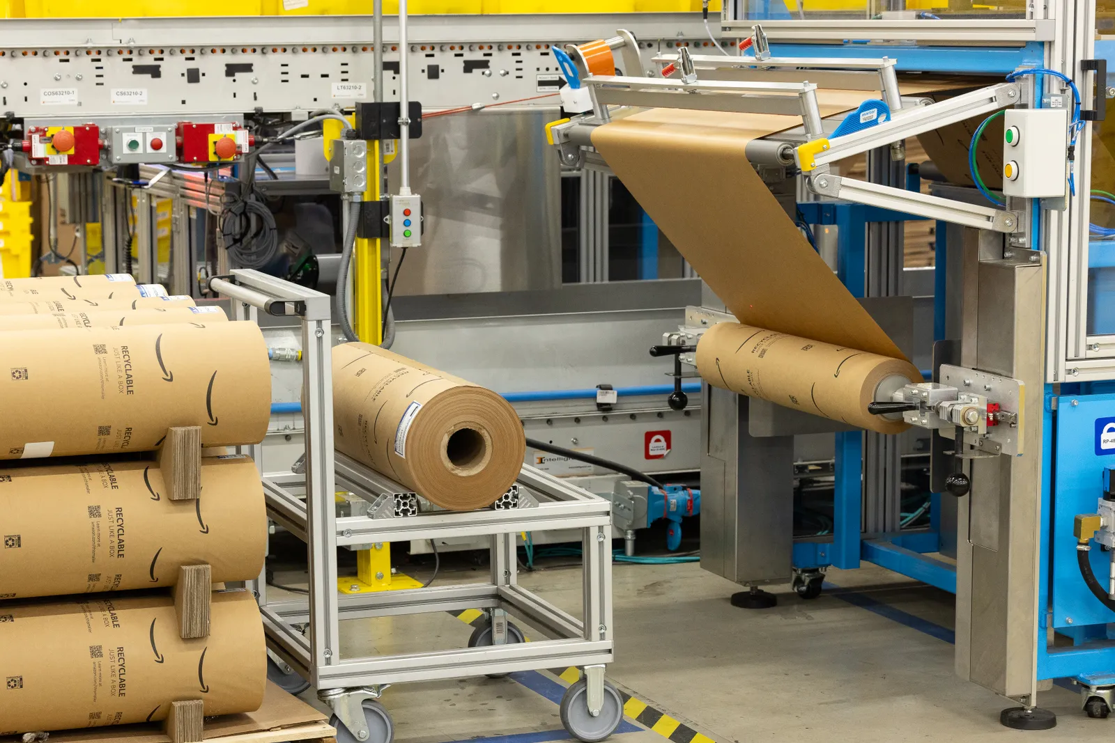 Fiber packaging on equipment at a shipment fulfillment center.