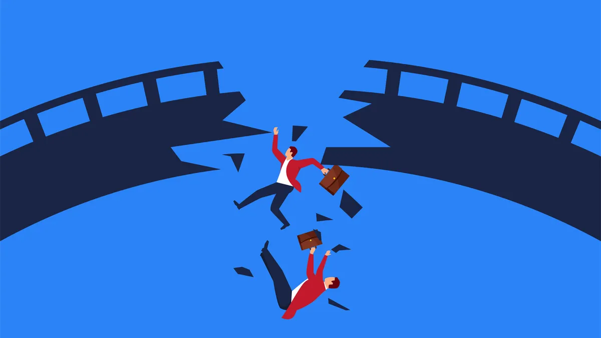 a bridge breaks, and two business people fall through the split