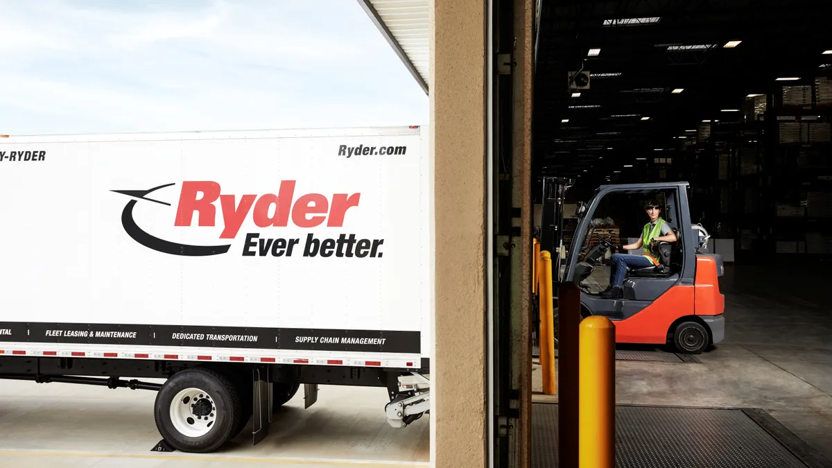 A Ryder truck and forklift operated by a worker.