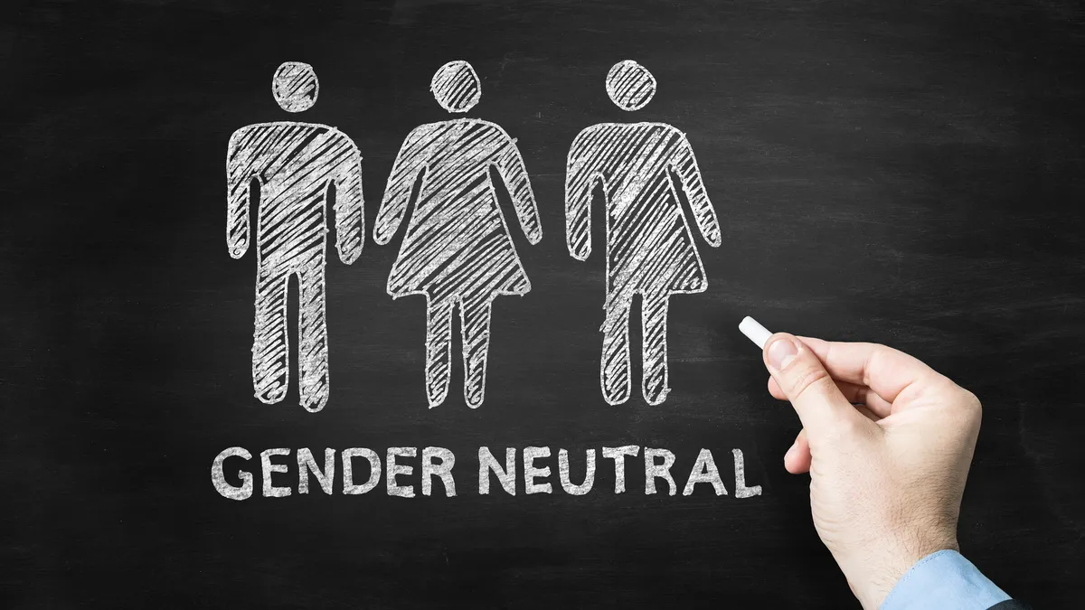 Drawings on a black chalkboard show a man, a woman and a gender-neutral silhouettes drawn in white chalk. The drawings are above text that reads "Gender Neutral."