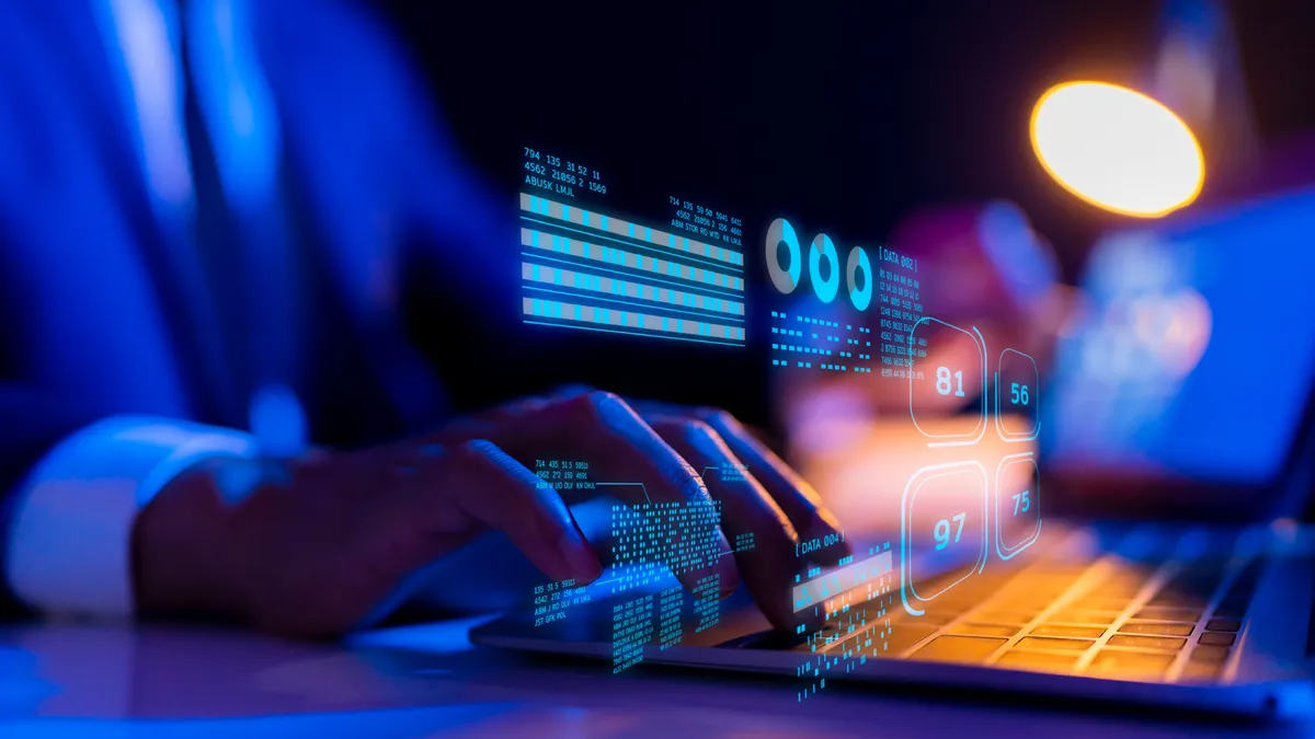 Finance business investment data analytics strategy report, crypto currency blockchain stock exchange graph chart and business man in suit typing on keyboard computer, financial and technology.