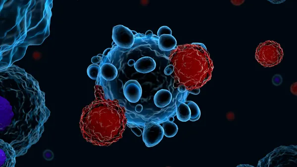 An illustration of immune system T cells attacking cancer cells.