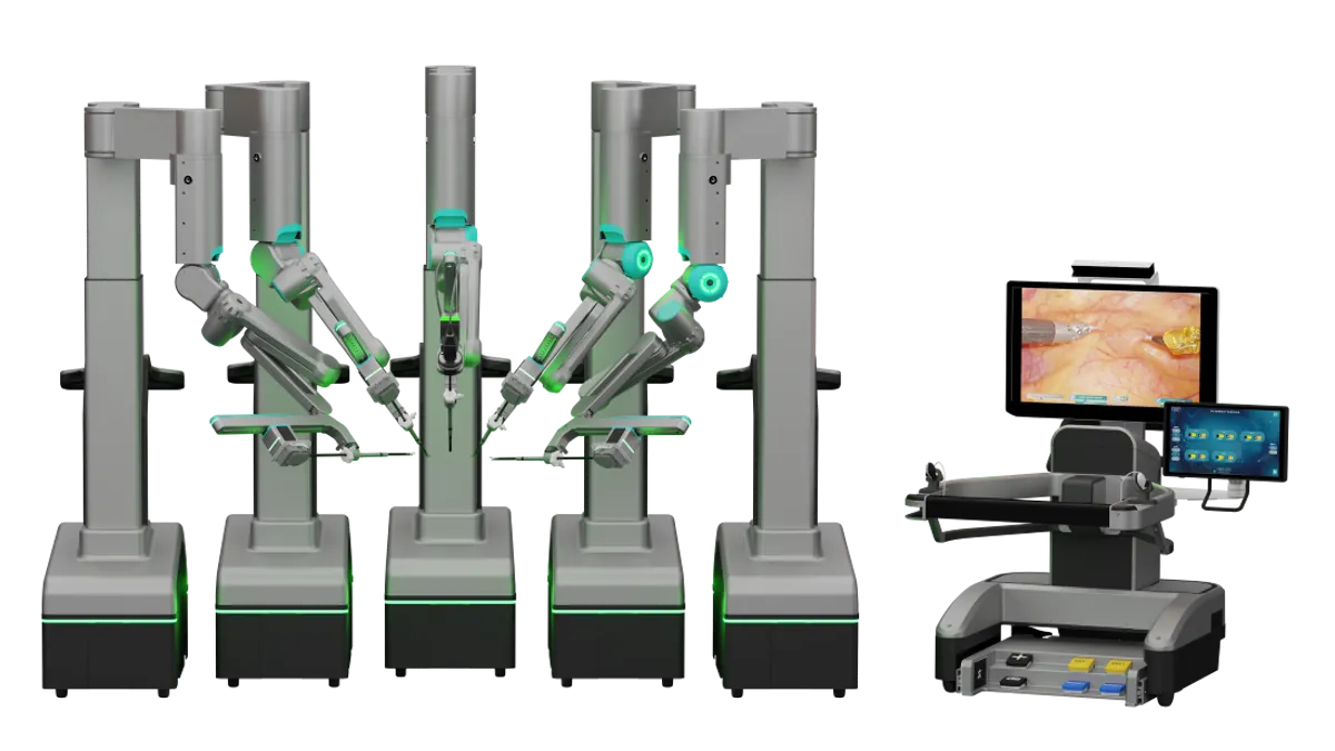 The SS Innovations SSi Mantra robot's five modular arms and surgeon console are shown.