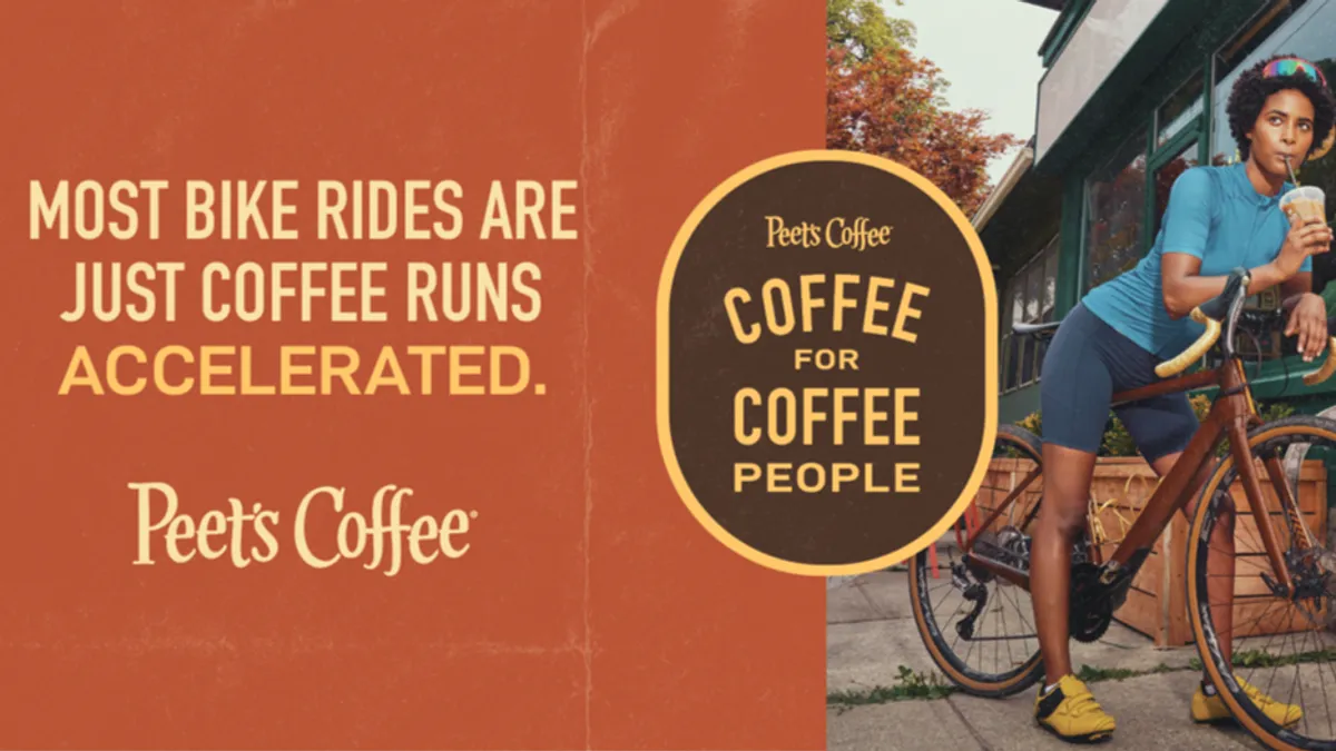 Half of the image is a orange background with the other half depicting a person on bike, sipping a coffee.