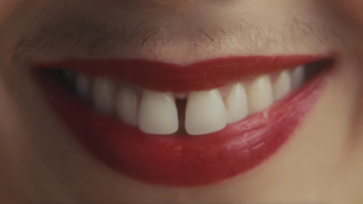 A still image from Amazon Prime's ad, "Tache," that shows a young girl with facial hair as part of the company's global campaign, "It's on Prime."