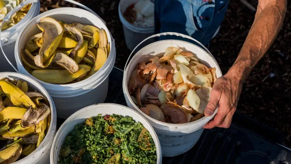 Various buckets filled with food scraps like banana peels, onion skins, and kale being repurposed for chicken feed.