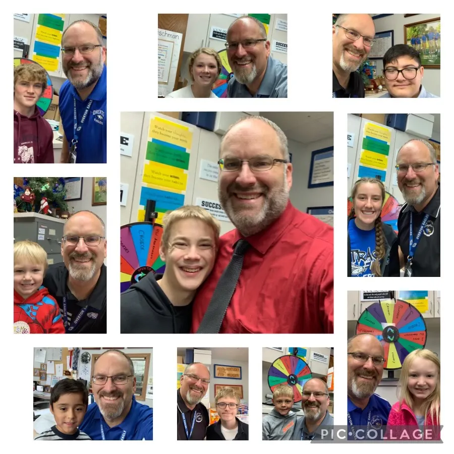 A collage of 10 photos of portraits of a school principal with students facing the camera.