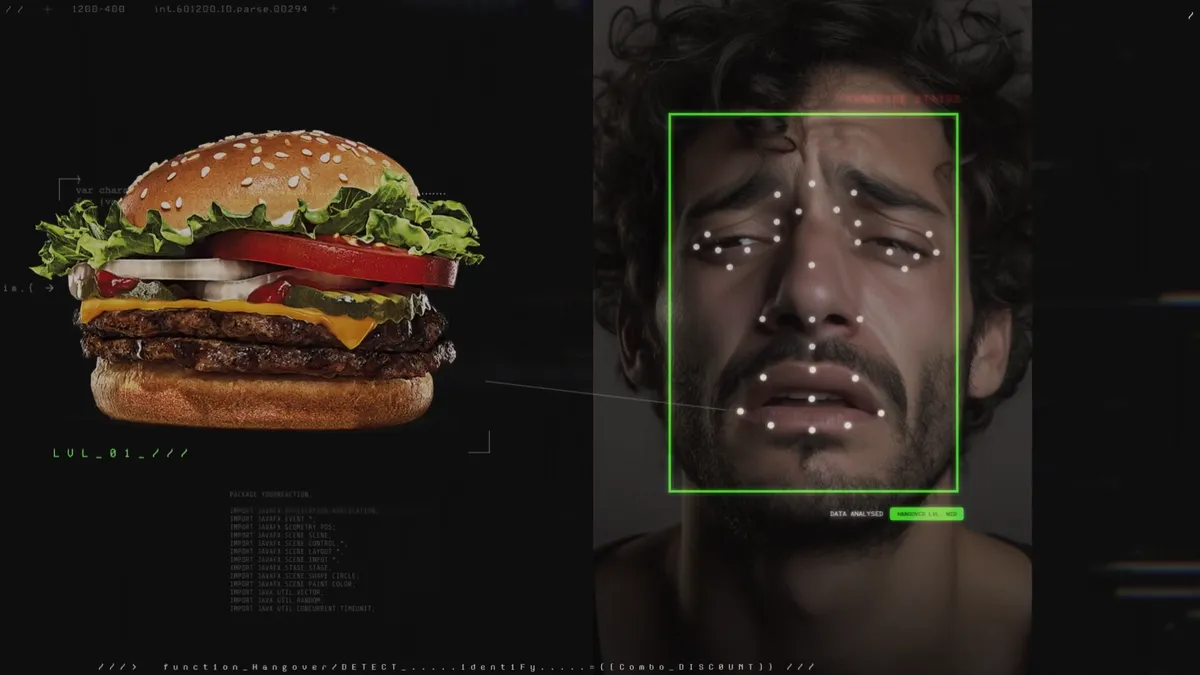 a Burger King burger and a person's face being scanned by facial recognition tech