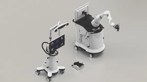 Monogram Technologies' robotic surgery system is displayed against a gray background.