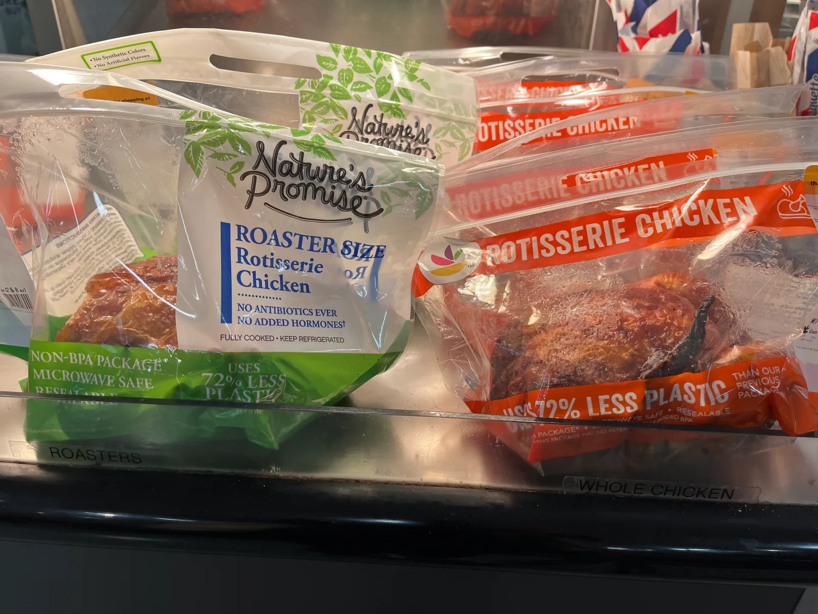 Rotisserie chickens at a grocery store.