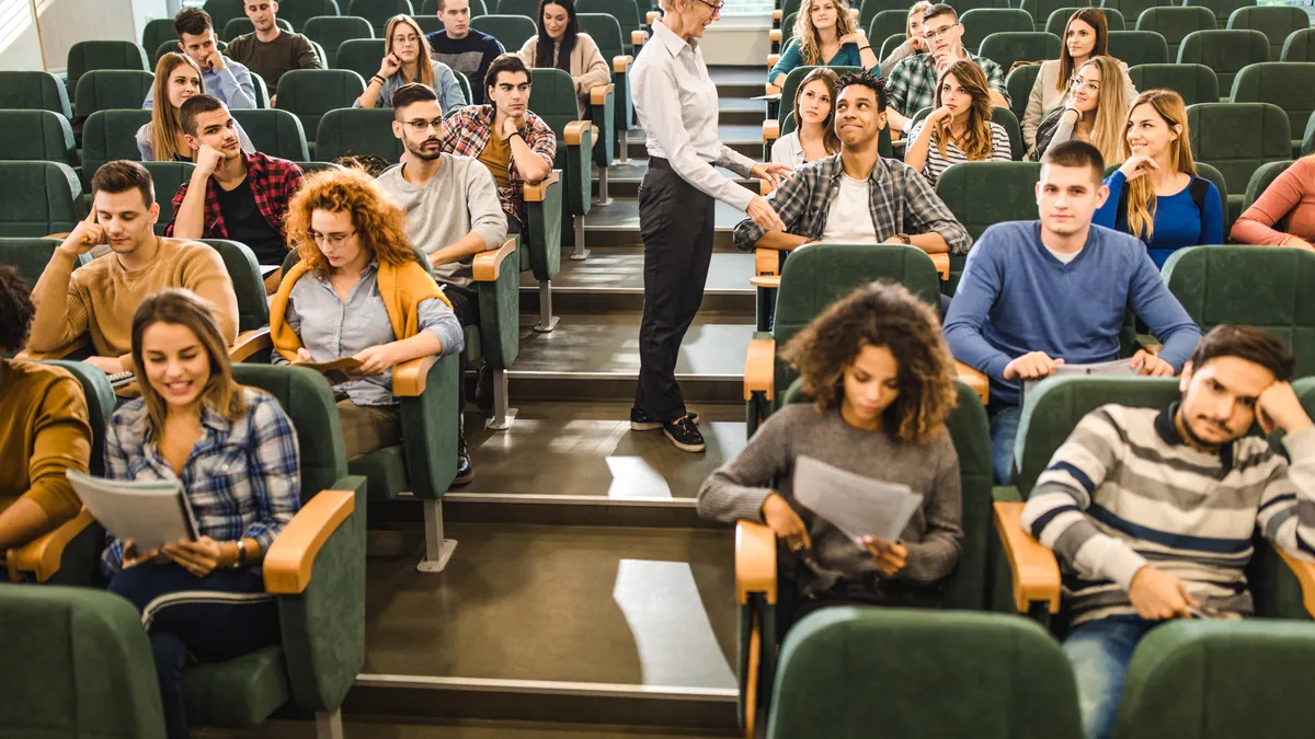 College classroom with students and professor