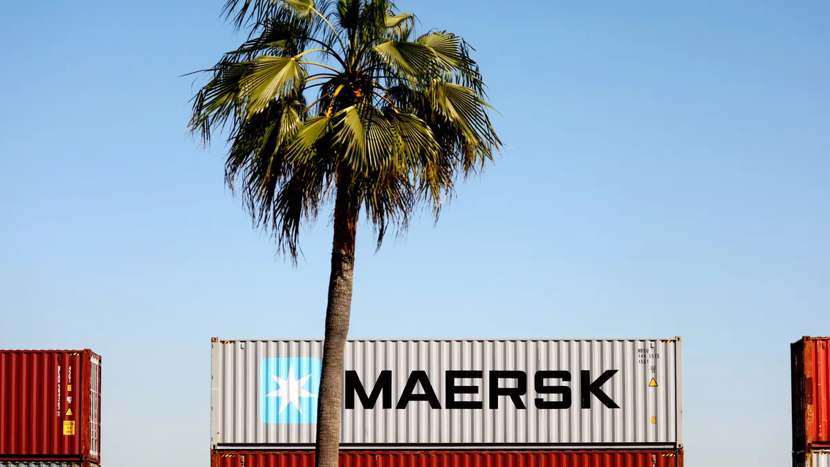 A Maersk shipping container sits on a rail car at the Port of Los Angeles on February 9, 2022 in San Pedro, California.