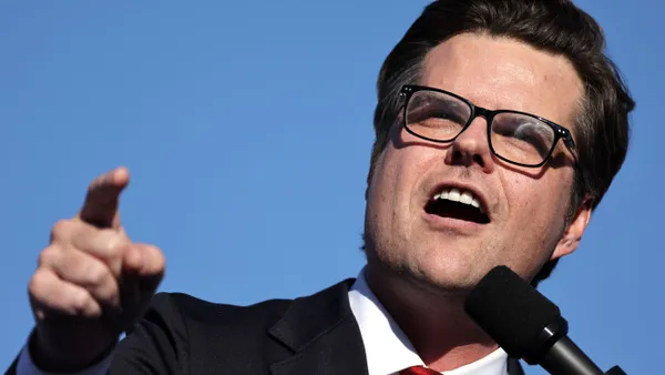 Then-U.S. Rep. Matt Gaetz (R-Fla.) speaks at a Donald Trump presidential campaign rally.